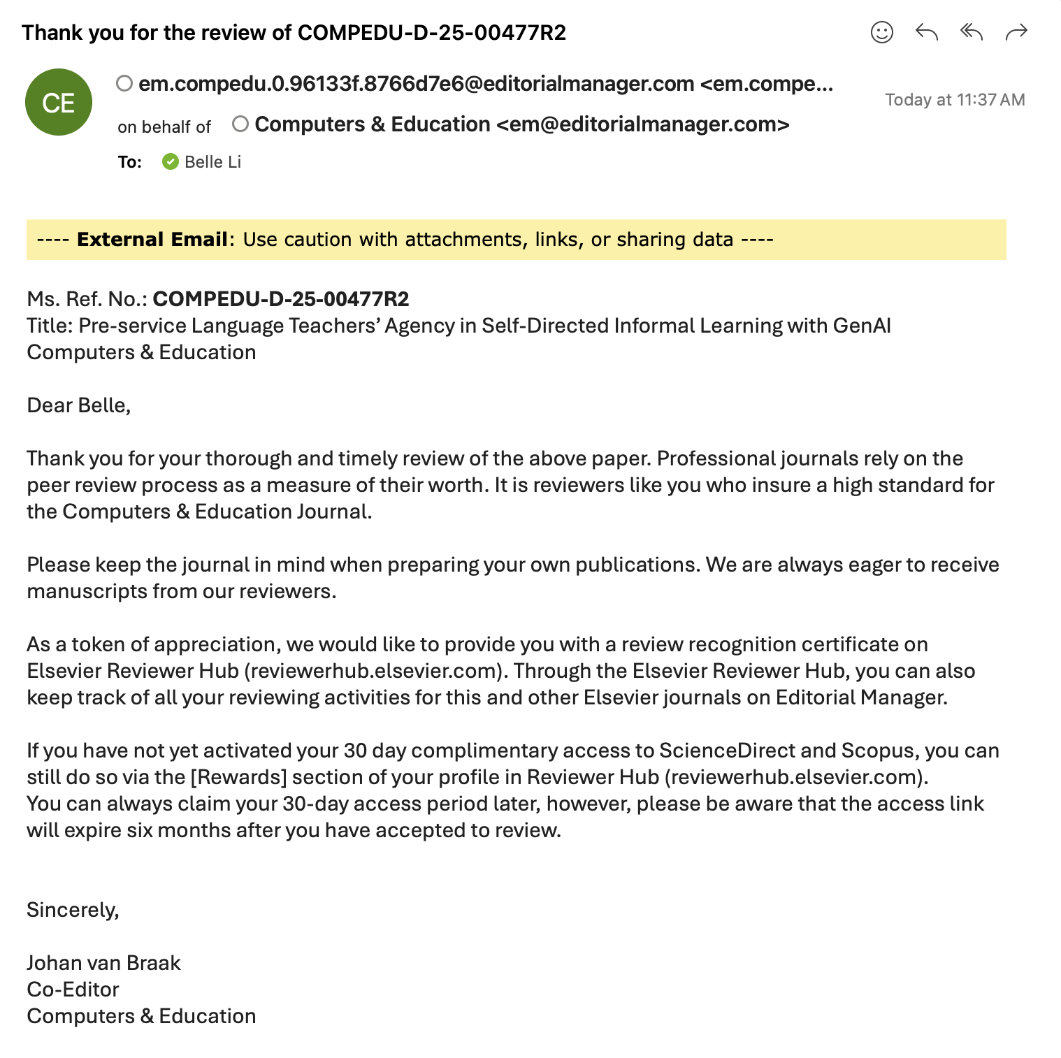 Computers and Education reviewer acknowledgement