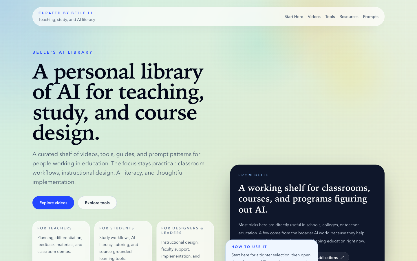 Homepage of the AI for Education Resource Library showing curated pathways for videos, tools, resources, and prompts
