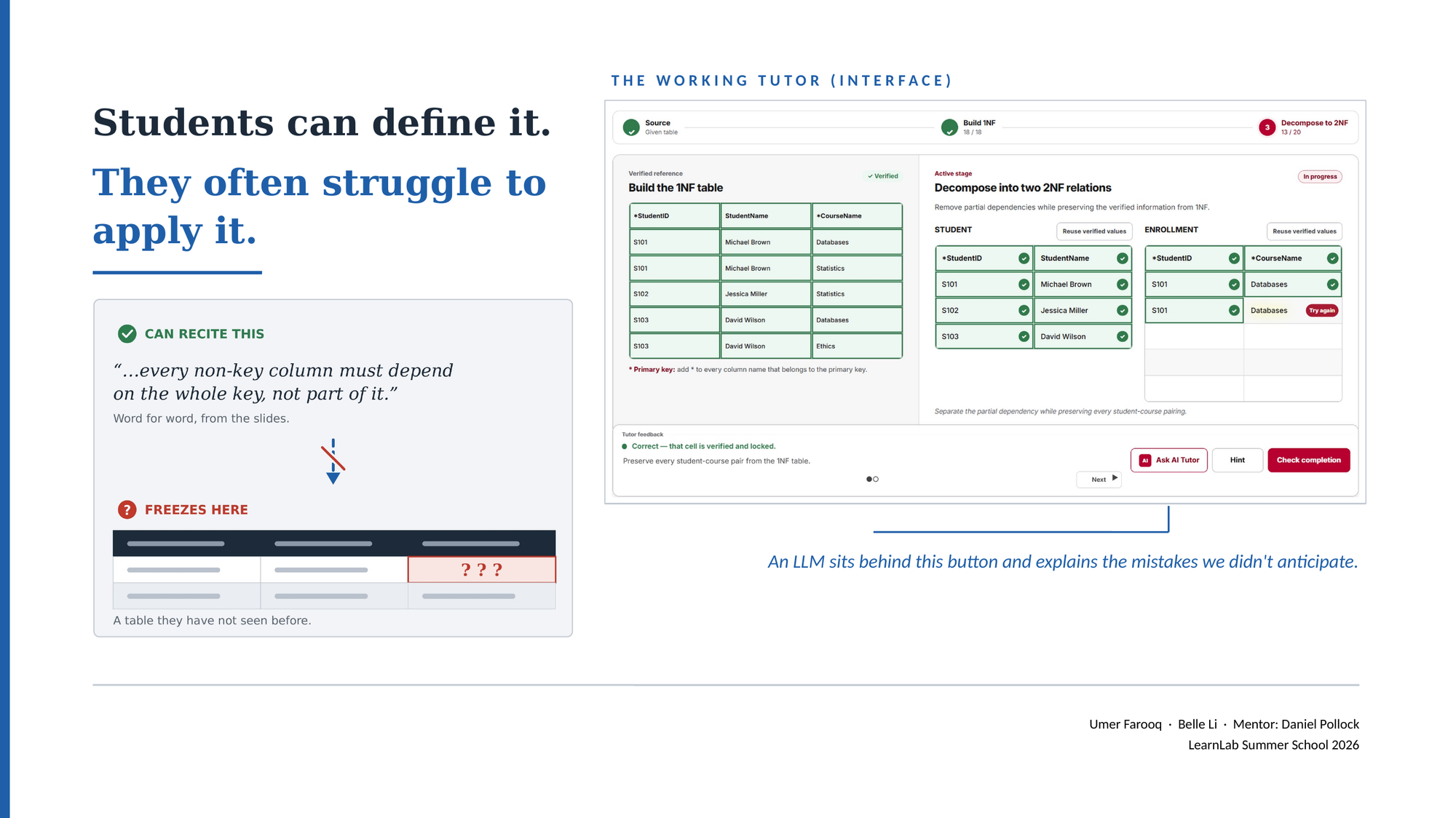 Design overview explaining the database normalization learning challenge and the working tutor interface