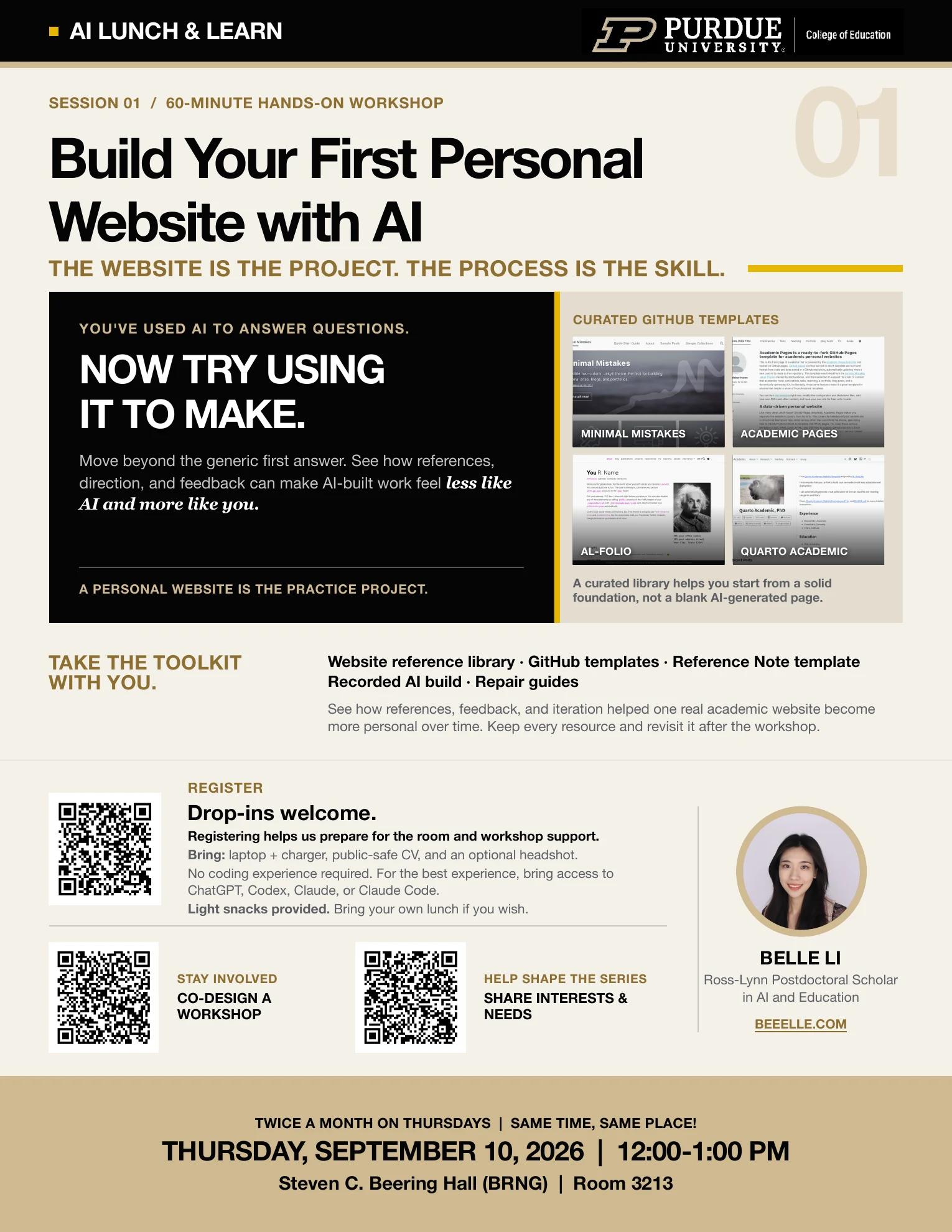 Flyer for Purdue AI Lunch and Learn Session 01, Build Your First Personal Website with AI