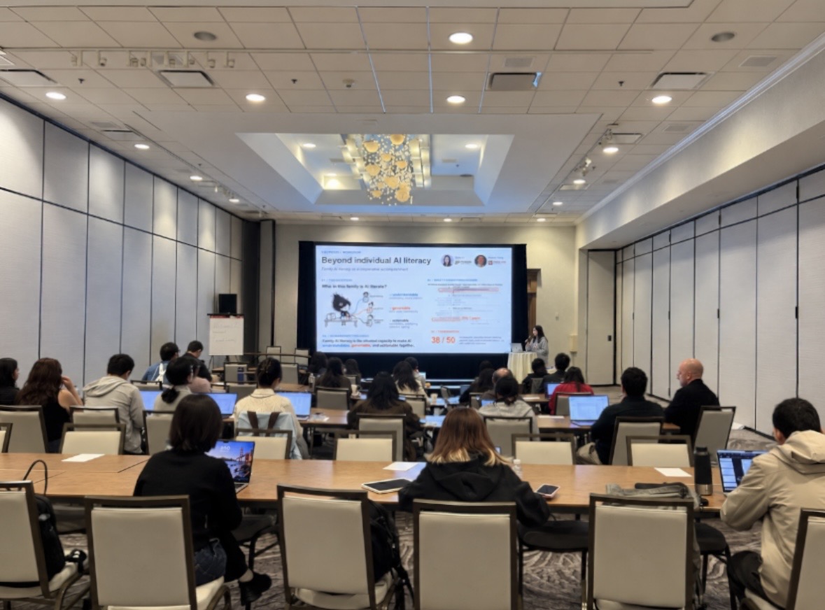 CSCW 2026 family-centered AI workshop presentation, with a slide on Beyond Individual AI Literacy