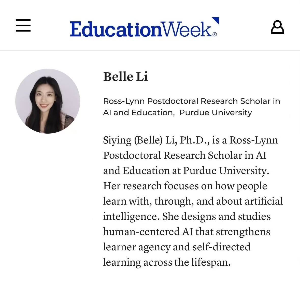 Education Week speaker profile for Belle Li, Ross-Lynn Postdoctoral Research Scholar at Purdue University