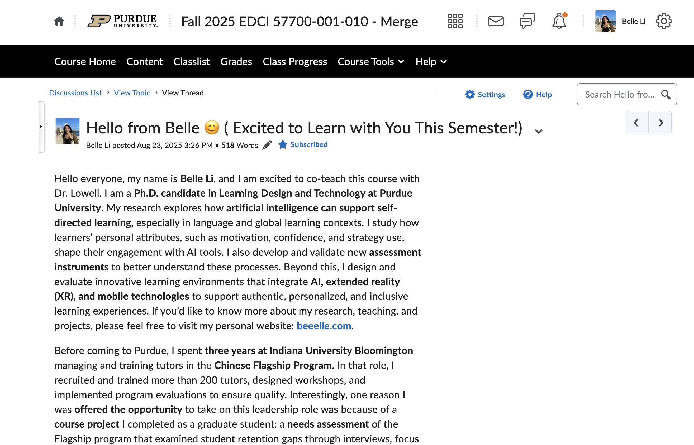 Brightspace welcome message for Belle Li's EDCI 557 Strategic Assessment and Evaluation course