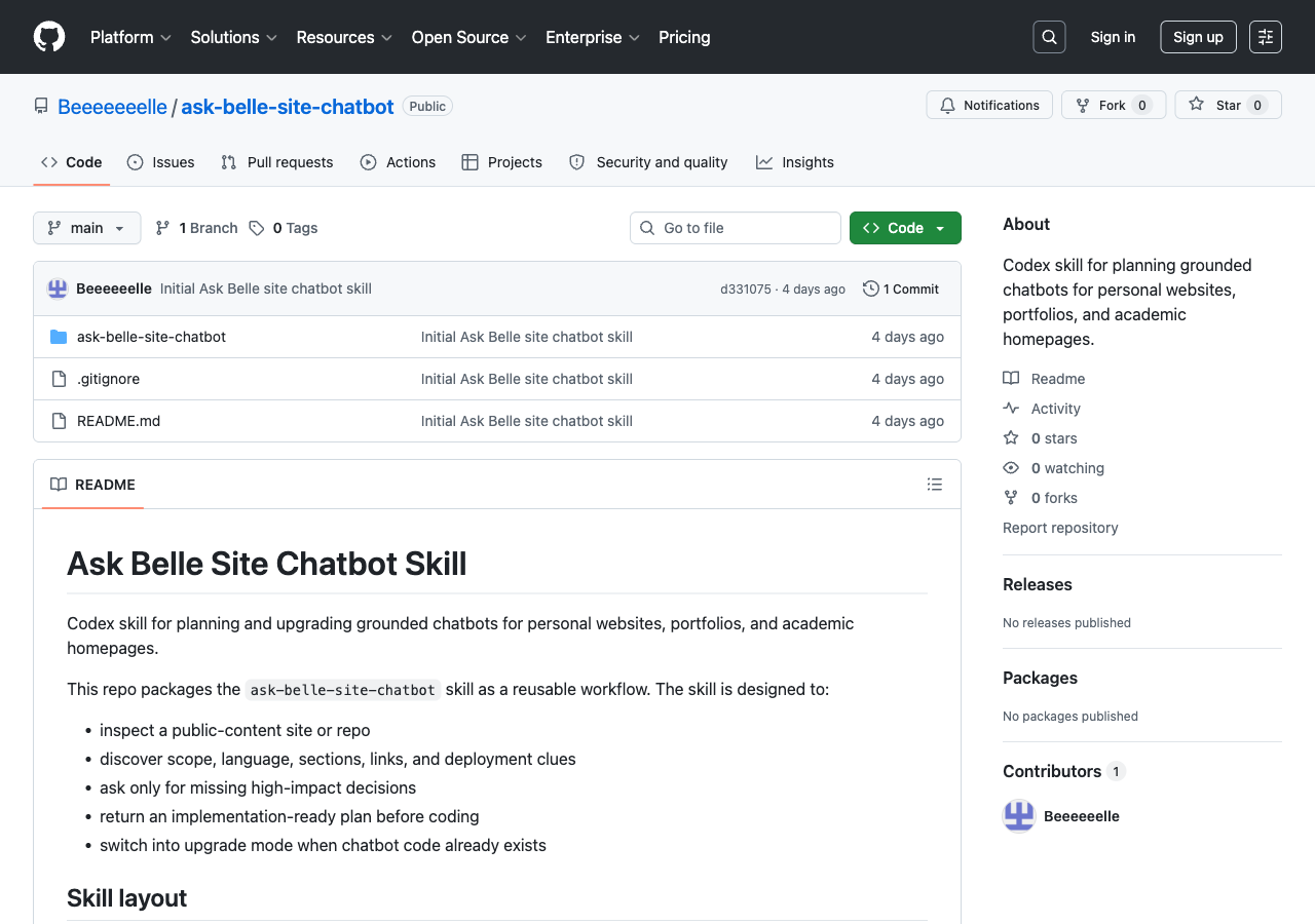 Ask Belle site chatbot Codex skill — repo layout and SKILL.md structure